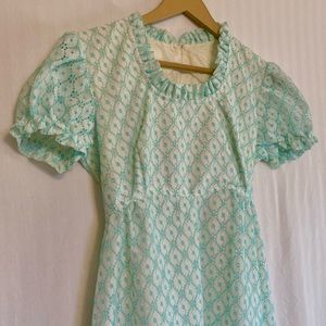 Vintage 70s Teal White Eyelet Prom Dress/ Formal Gown